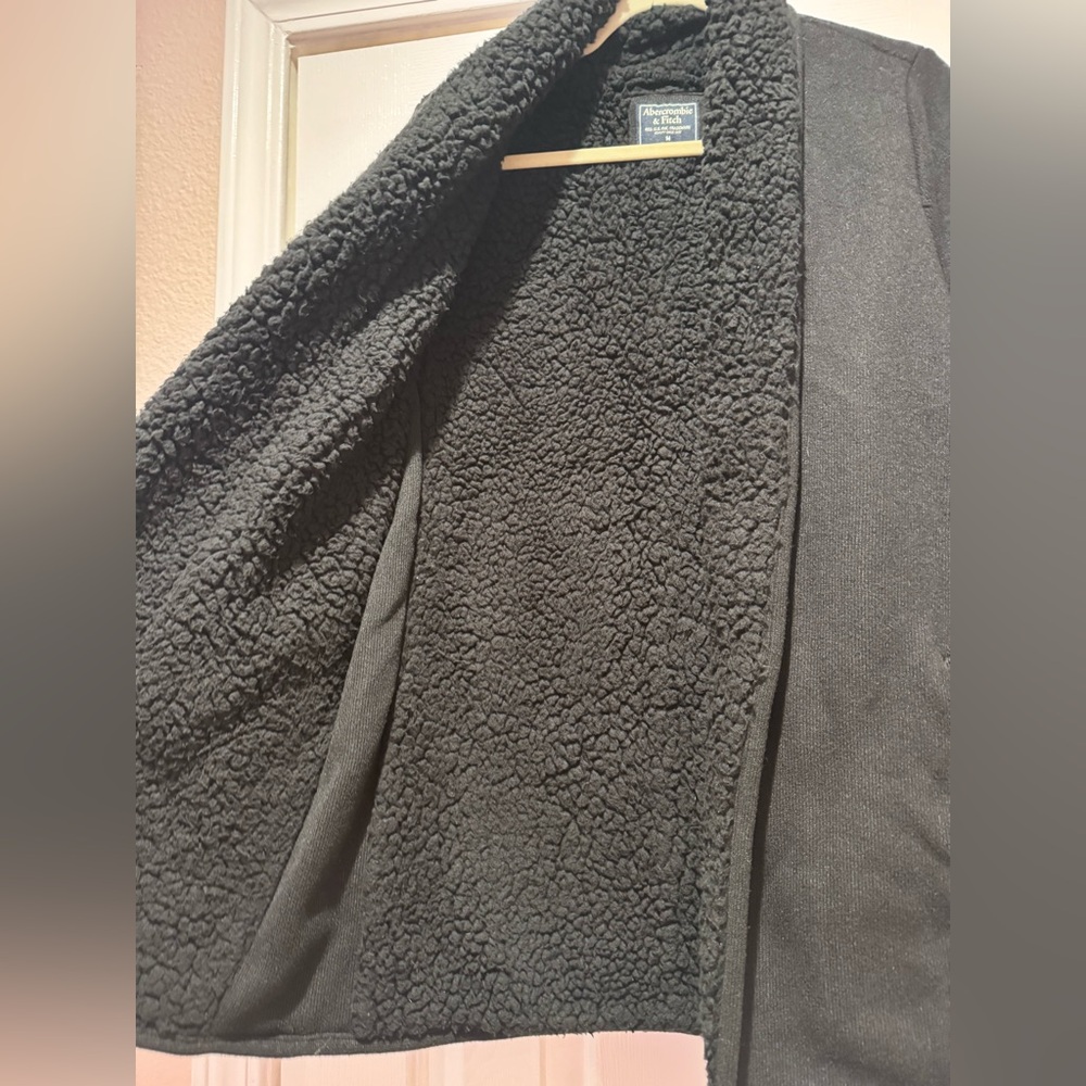 Abercrombie & Fitch Womens M Black Knit Sherpa-Fleece Lined Jacket Open Front - Picture 10 of 14